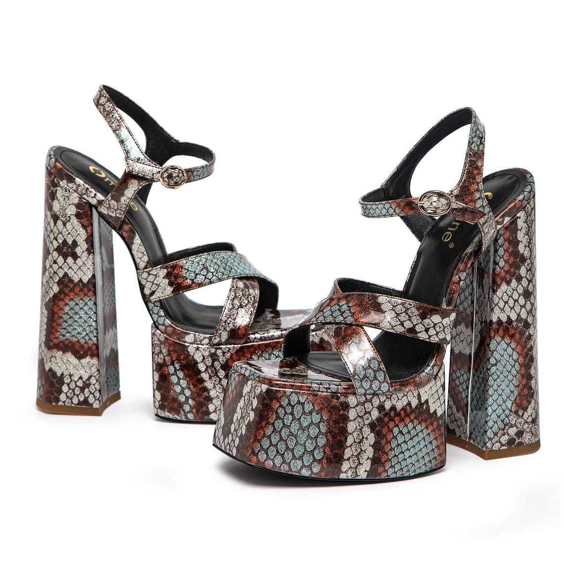 Omine Snake Skin Print Platform Sandals with High Heels