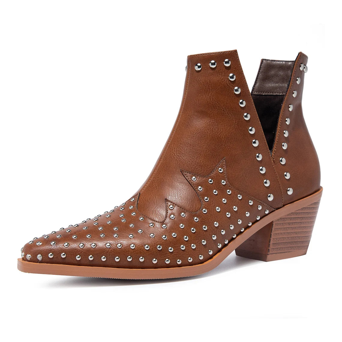 Omine Studded Brown Leather Low Heel Ankle Cowgirl Boots