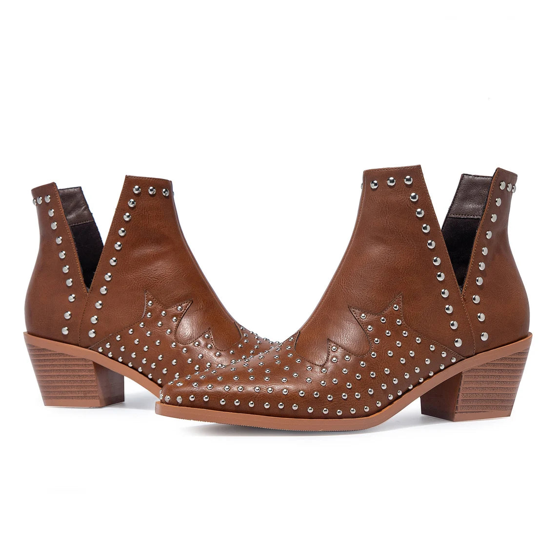 Omine Studded Brown Leather Low Heel Ankle Cowgirl Boots