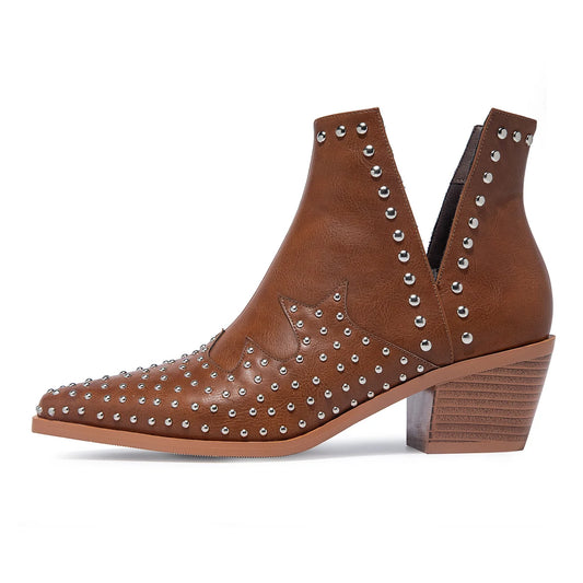 Omine Studded Brown Leather Low Heel Ankle Cowgirl Boots