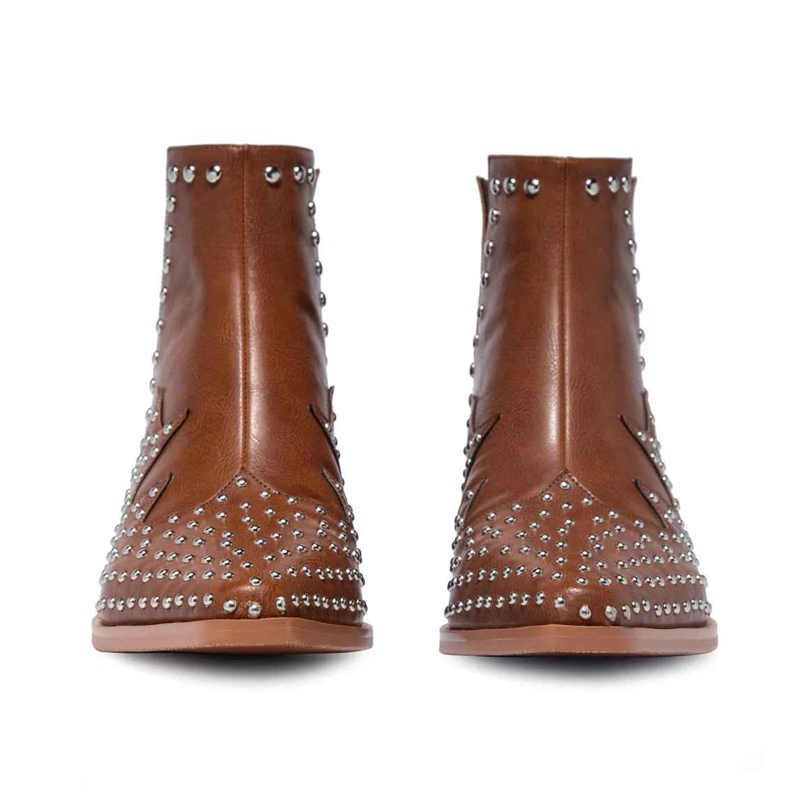 Omine Studded Brown Leather Low Heel Ankle Cowgirl Boots